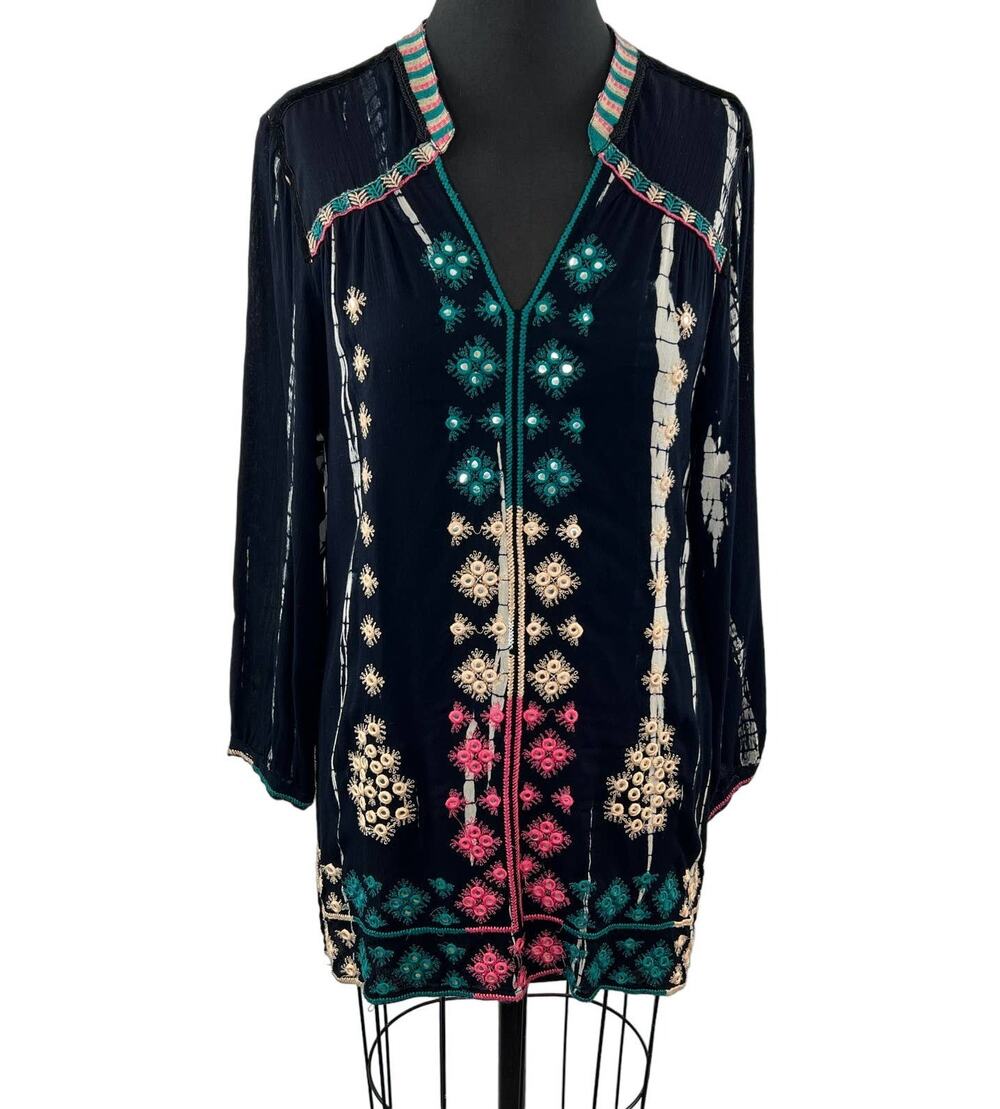 SOFT SURROUNDINGS Women's Black Split Neck Long Sleeve Embroidered Tunic Size M